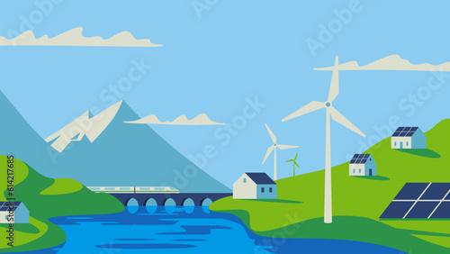 Renewable energy power concept. Environment friendly industry. Wind electricity generators, solar panels and electric train in nature landscape. Flat vector illustration EPS10