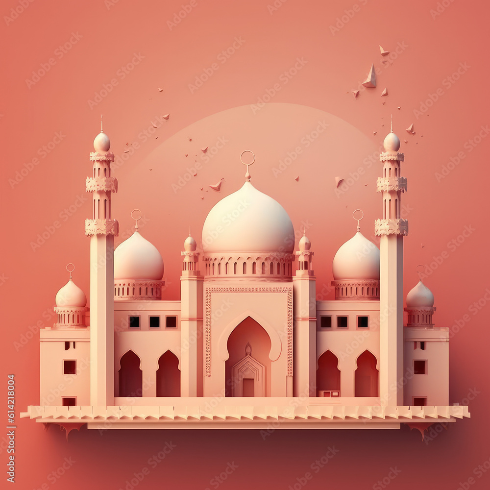 Happy ramadan kareem, eid mubarak, fitr. 3d of mosque, moon, geometric arabic pattern for background, sale poster or greeting card.