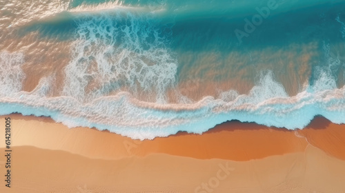 Summer sea beach top view with waves and sea foam. Drone view.