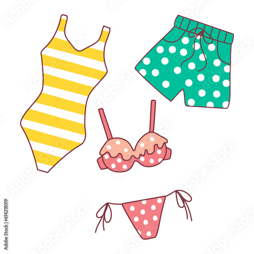 Flat insulated collection of swimwear and underwear for men and women, fashionable shorts, panties and pants, casual bikini and bra for swimming, beach clothing models. Vector Illustration of Swimwear