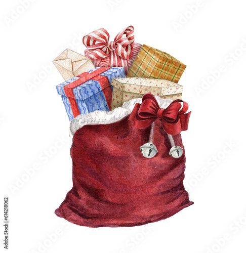 Watercolor hand-drawn Santa sack clipart.Christmas gift bag with bow, gift boxes. Traditional xmas vintage style sack