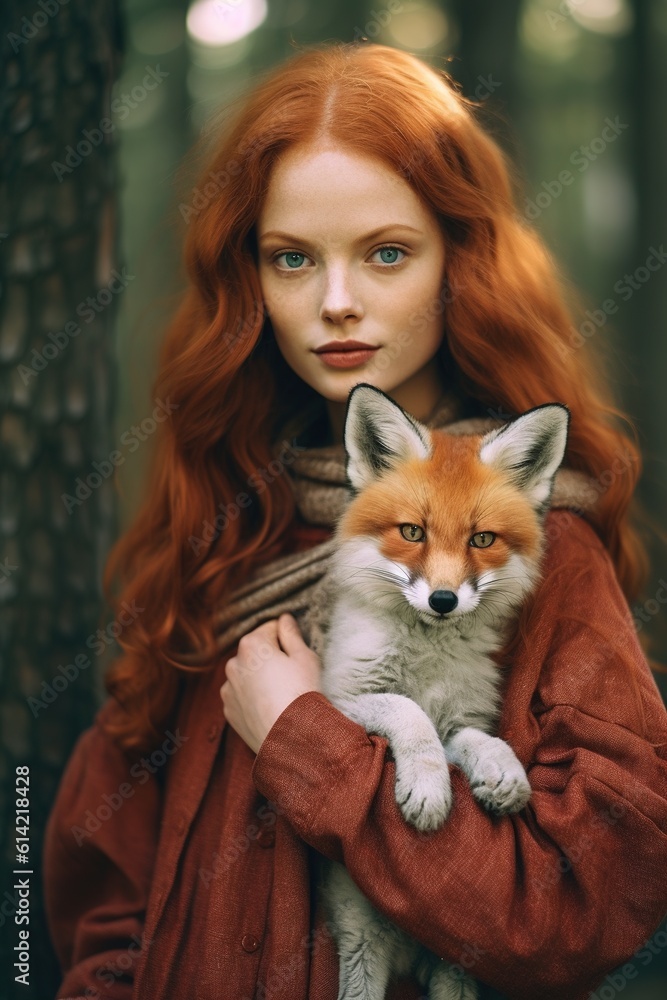 portrait of a fictional red haired caucasian woman model, posing with a red fox in the woods portrait of a fictional red haired caucasian woman model, posing with a red fox in the woods