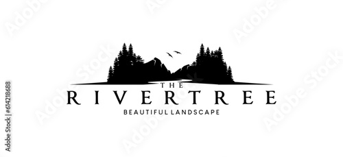 River trees logo design, hill trees river landscape vector silhouette