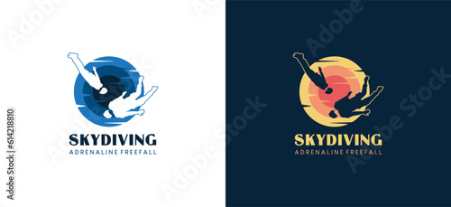 Vector silhouette of freefalling person with abstract sun background, skydiving sport logo design