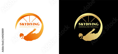 Creative parachute freefalling person silhouette vector illustration, skydiving sport logo design