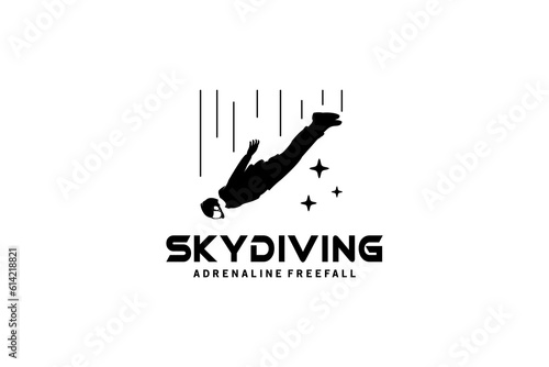 Free fall person silhouette vector illustration, skydiving sport logo design