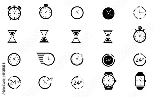 Vector black time, clock icon isolated on white. Sand watch set and 24h clock collection