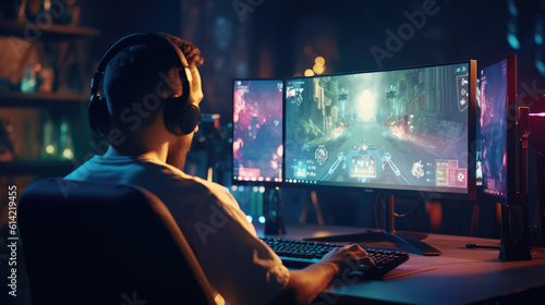 Professional gamers play video games on rgb pc photo