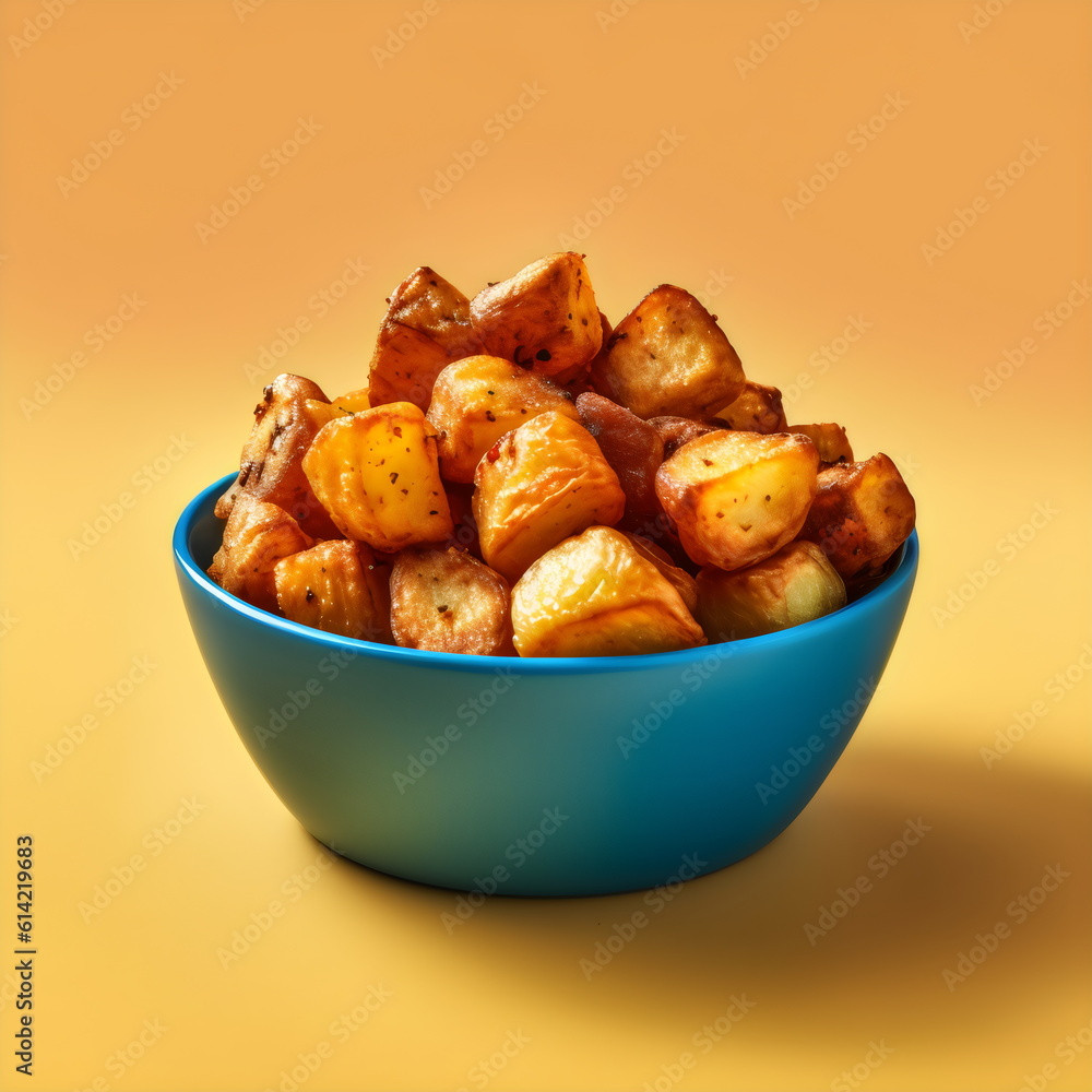 bowl of roast potatoes isolated on plain yellow studio background, made with generative ai bowl of roast potatoes isolated on plain yellow studio background, made with generative ai