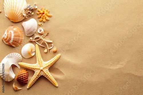 Beachside Wonder. Top view Starfish and Seashells on Beach Background