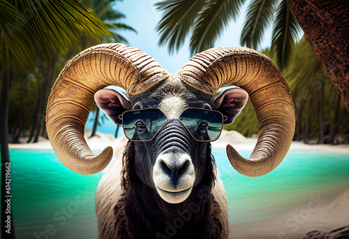 Funny ram in sunglasses looks at the camera against the backdrop of a seascape with palm trees. AI Generated photo
