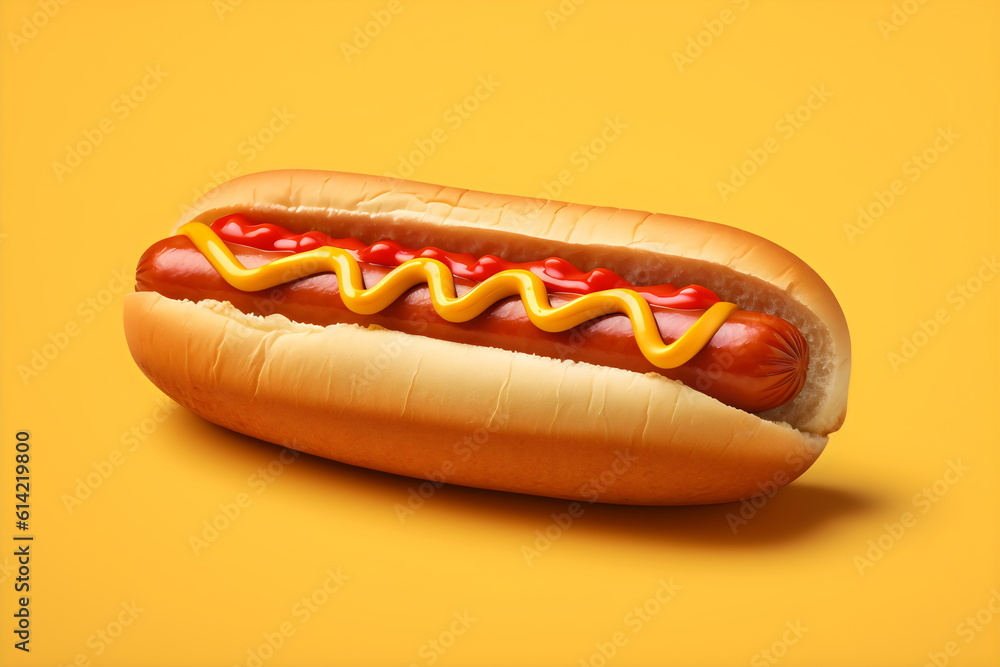 hotdog in bun with ketchup and mustard isolated on plain yellow studio background, made with generative ai hotdog in bun with ketchup and mustard isolated on plain yellow studio background, made with generative ai