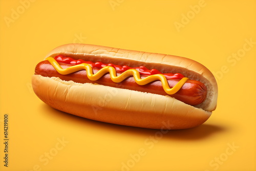 hotdog in bun with ketchup and mustard isolated on plain yellow studio background, made with generative ai