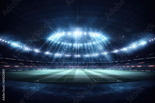 Panoramic view of a large soccer stadium with fan stands illuminated by floodlights and spotlights. Empty night Football arena, nobody, sport betting banner template, copy space. Generative AI photo  © SnowElf