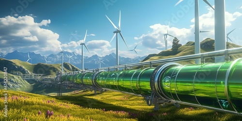 Green hydrogen pipeline wind turbines in modern style. Modern for concept design. Green energy production. Electricity equipment. Generative Ai