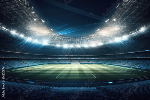 Panoramic view of a large soccer stadium with fan stands illuminated by floodlights and spotlights. Empty night Football arena, nobody, bets banner template, copy space. Generative AI photo 