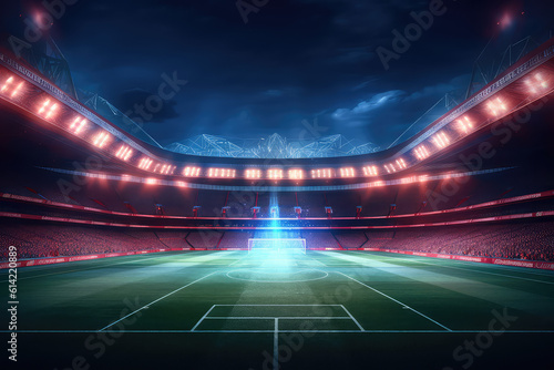 Panoramic view of a large soccer stadium with fan stands illuminated by floodlights and spotlights. Empty night Football arena  nobody  promo banner template  copy space. Generative AI photo 