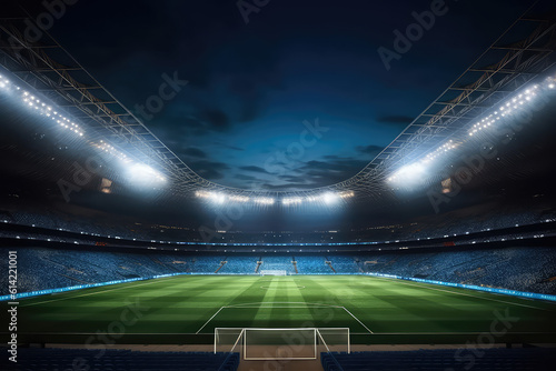 Panoramic view of big soccer stadium with fan stands illuminated by floodlights and spotlights. Empty night Football arena, nobody, web banner template, copy space. Generative AI photo 