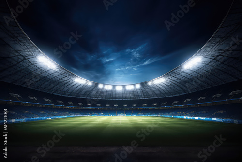 Panoramic view of a large soccer stadium with fan stands illuminated by floodlights and spotlights. Empty night Football arena, nobody, banner template, copy space. Generative AI photo 