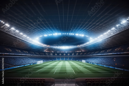 Panoramic view of large soccer stadium with fan stands illuminated by floodlights and spotlights. Empty night Football arena, nobody, banner template, copy space. Generative AI photo 