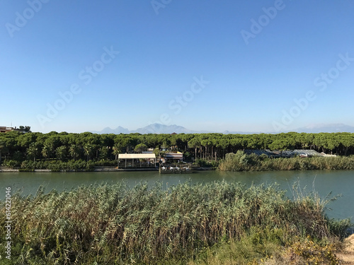 On the bank of the river is a hotel complex in a park with an embankment. Mountains are far in the distance