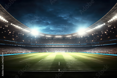 Panoramic view of big soccer stadium with fan stands illuminated by many floodlights and spotlights. Empty night Football arena, nobody, banner template, copy space. Generative AI photo 