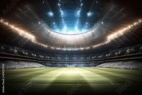 Panoramic view of a big soccer stadium with fan stands illuminated by floodlights and spotlights. Empty night Football arena, nobody, banner template, copy space. Generative AI photo 