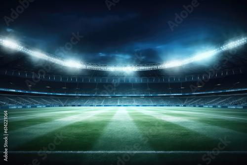 Panoramic view of big soccer stadium with fan stands illuminated by floodlights and spotlights. Empty night Football arena, nobody, banner template, copy space. Generative AI photo 