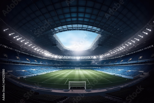 Panoramic view of large soccer stadium with fan stands illuminated by floodlights and spotlights. Empty sunny Football arena, nobody, banner template, copy space. Generative AI photo 
