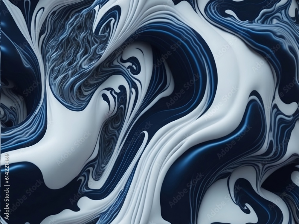 abstract dreamy fluffy fluid forms in metallic dark blue, silver and white Generative AI