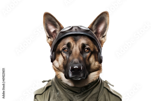 Cute dog German shepherd with soldier costume for military army isolated on clear png background  funny moment  pet concept  with Generative Ai.