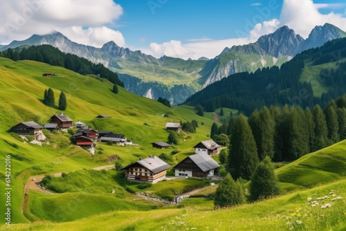 Switzerland nature and travel. Alpine scenery. Scenic traditional mountain village with snow peaks of Alps