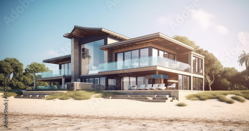 the modern house on the beach, generative AI © Kien