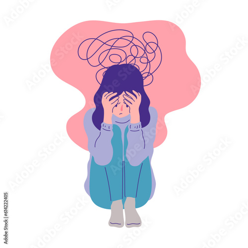 depressed woman sitting face palm pose flat linear illustration