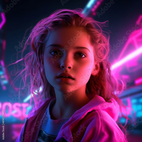 Close-up outdoor portrait of a beautiful girl with long blond curly hair on an urban city street in colorful neon lights. Nightlife concept. Generated by artificial intelligence. © jbuinac