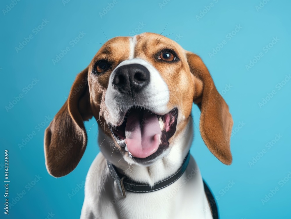 A beagle smiling on a blue background