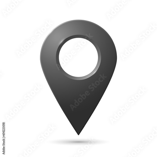 The geolocation icon is silver with highlights and shadows on a white background. Realistic geolocation map pin code icon. Vector illustration.