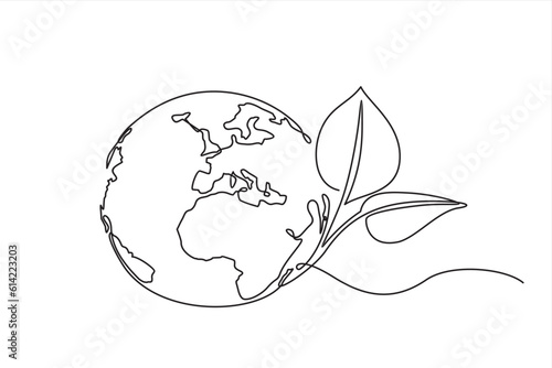 Single continuous one line art growing sprout. Plant leaves grow planet Earth seedling eco natural concept design sketch drawing vector illustration art