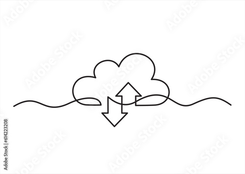 One continuous single line of cloud. Cloud network, data storage and backup background.