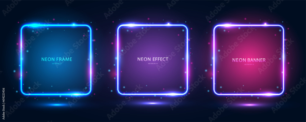 A set of square neon frames with shining effects, highlights on a dark blue background. Futuristic modern neon glowing banners. Vector EPS 10.
