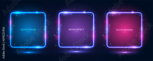 A set of square neon frames with shining effects, highlights on a dark blue background. Futuristic modern neon glowing banners. Vector EPS 10.