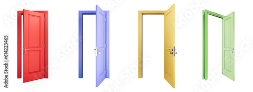 door isolated on white background PNG 3d rendering . red purple yellow green door