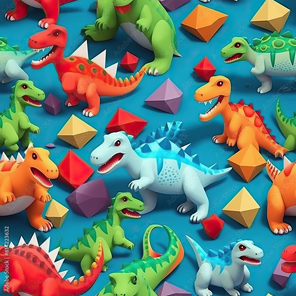 Naklejka premium Cartoon dinosaurs seamless repeat pattern, cute adorable dino doodle 3d [Generative AI] 