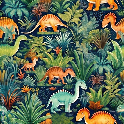 Fototapeta Naklejka Na Ścianę i Meble -  Cartoon dinosaurs seamless repeat pattern, cute adorable dino doodle [Generative AI]
