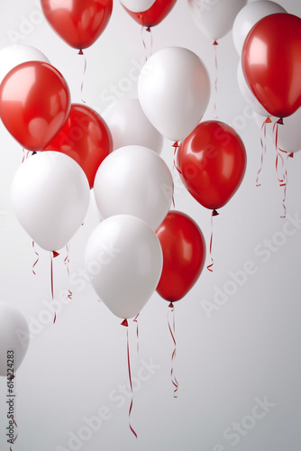 fliegende rote und weiße Ballons auf hellem Hintergrund. Hochkant. Hochformat. Generative Ai.