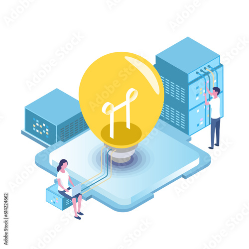 isometric illustration of people with idea and light bulb
