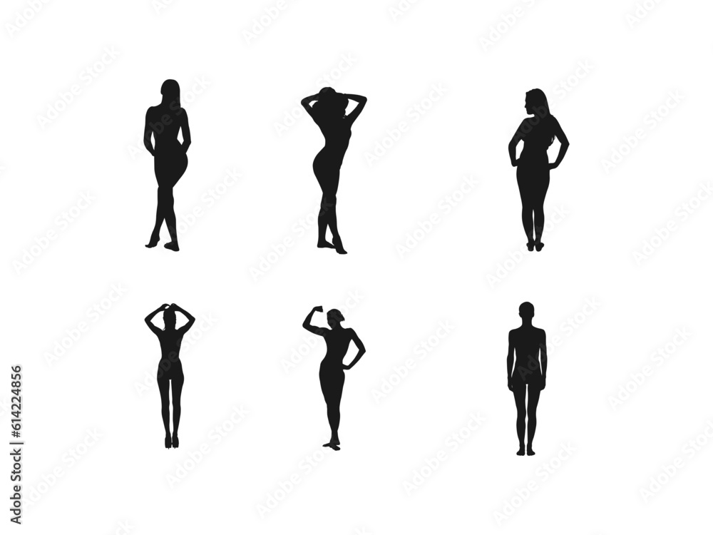 Collection. Silhouette of a sweet lady, she's standing. The girl has a beautiful nude figure. A woman is a young sexy and slender model. Set of vector illustrations. isolated on a white background . Collection. Silhouette of a sweet lady, she's standing. The girl has a beautiful nude figure. A woman is a young sexy and slender model. Set of vector illustrations. isolated on a white background .