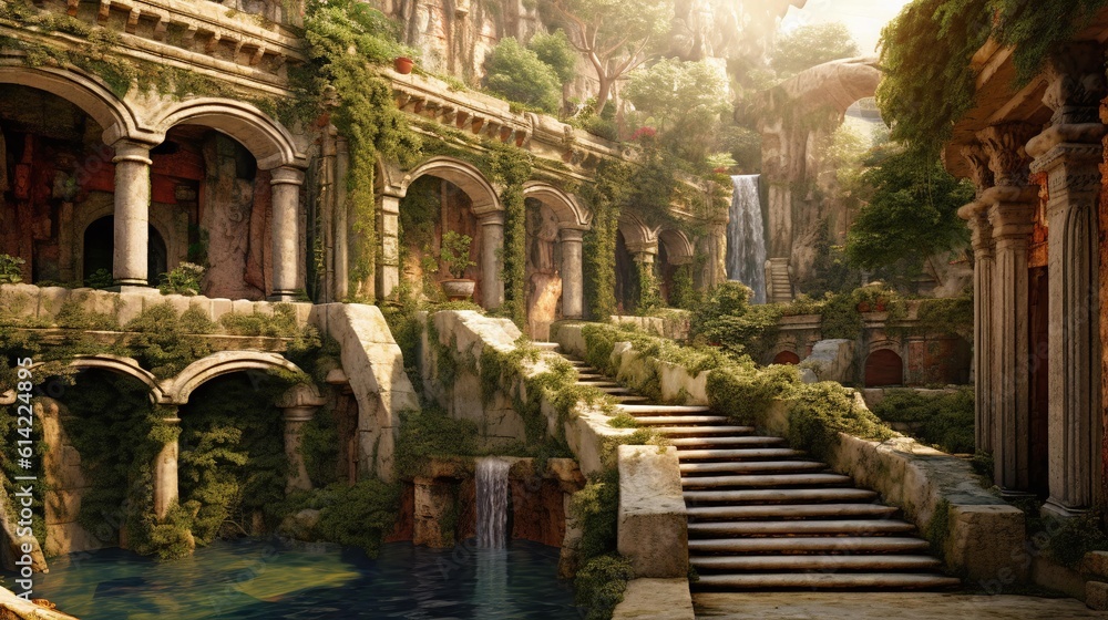 Ruins of an Ancient Civilization, Plants and Waterfalls, Fountains, Ancient Cities in the Mountains, Generative Ai