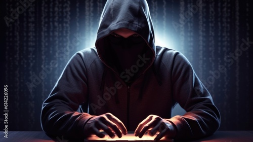 Internet hacker of hooded man, concept of binary data and network cyber security, online phishing scams photo