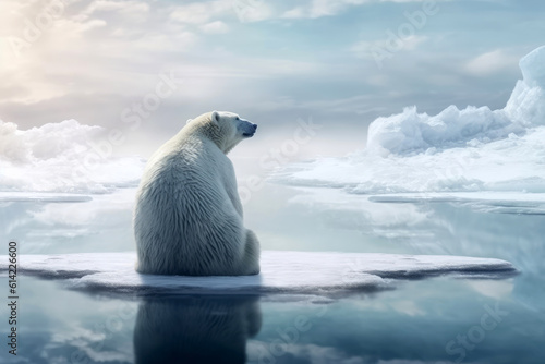 White polar bear sitting on melting ice floe glacier at arctic sea that facing to Global Warming situation, save the world form pollution concept, climate change, with Generative Ai. photo